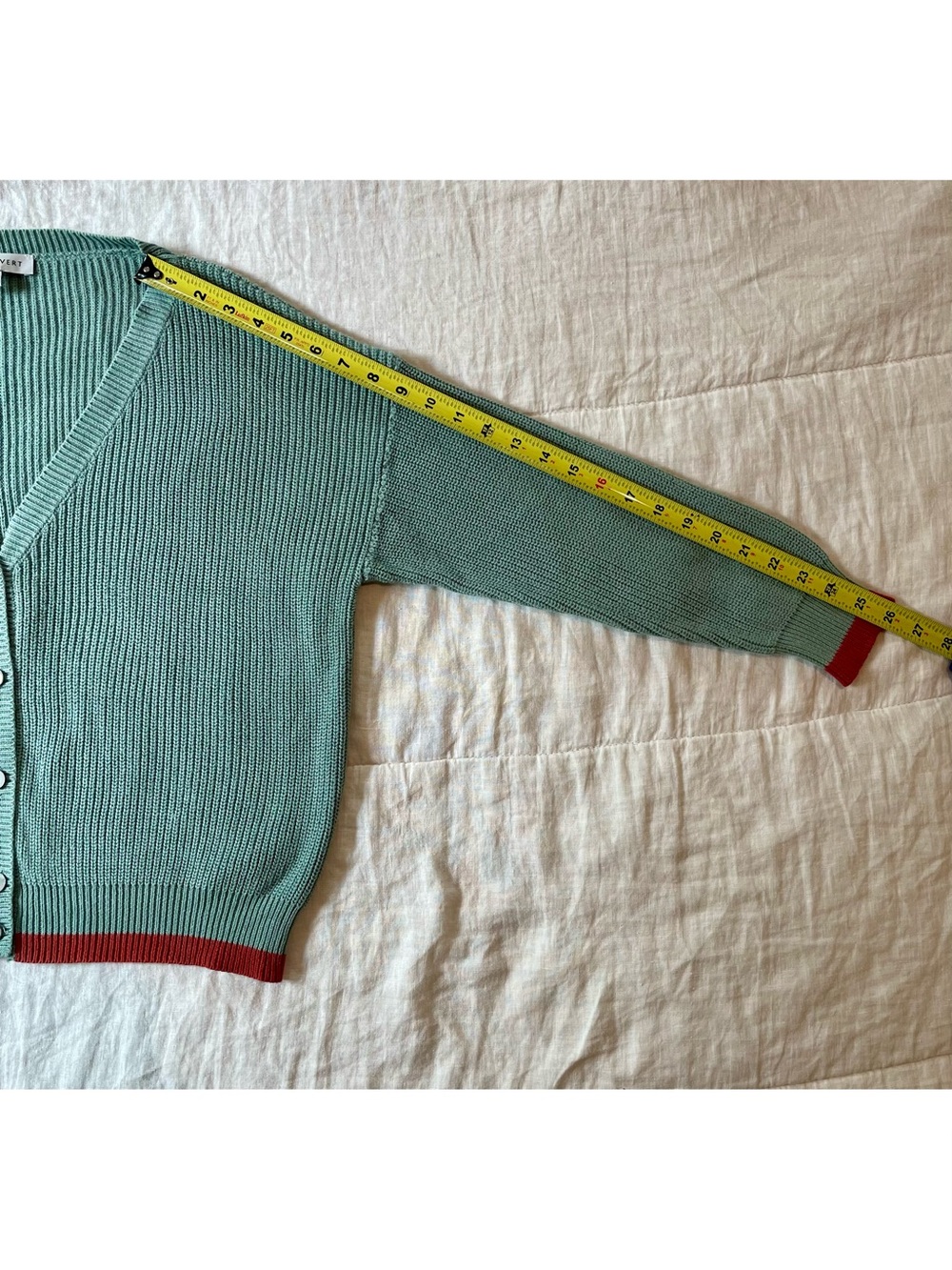 Amour Vert Cardigan V-Neck Button Front Mineral Green Red Organic Cotton M - Picture 11 of 11